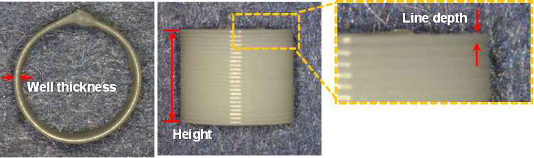 중공 실린더 제작을 위한 가공 조건 확립 : 선 두께 (Well thickness), 적층된 구조물의 높이 (Height), PCL 선의 적층 간격 (Line depth)