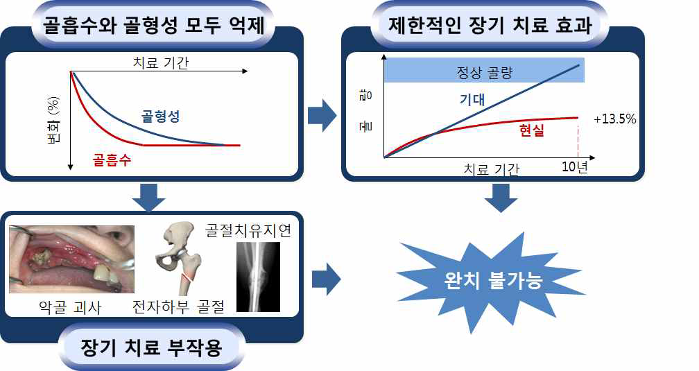 골흡수 억제제에 의한 골흡수 및 골형성의 변화. 이로 인한 골다공증 치료의 장효과 한계 및 장기 치료 후 부작용