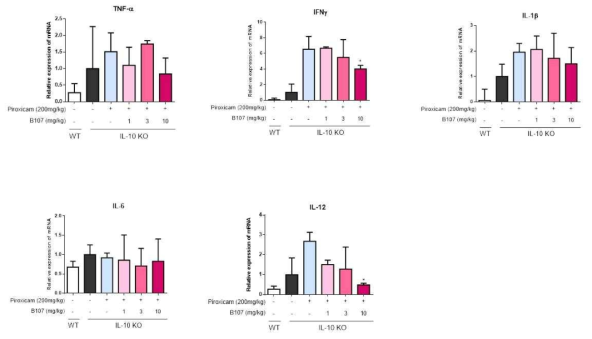 Effects of B107 on mRNA level of inflammatory cytokines in colon tissue. mRNA expression of ZO-1 and occludin was measured by real-time PCR. Fold-changes are expressed as the mean ± SD (n= 3-5 per group). * p < 0.05 versus piroxicam group.