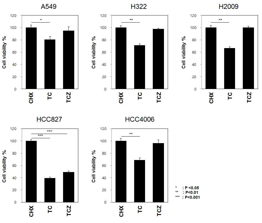 5종의 폐암세포주에서 TC, TCZ 조건에 따른 cell viability (%) 측정