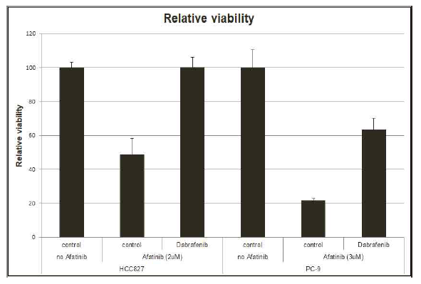 HCC827, PC-9 세포에서 dabrafenib의 afatinib에 대한 민감도 저하 효과 확인