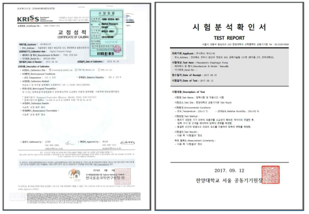 표준과학연구원의 시험인증서 및 외부기관에서의 시험분석인증서의 예시