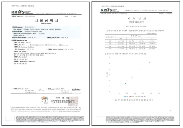 의료용 소형감압기에서 제일 중요한 압력시험에 대한 표준과학연구원의 시험인증서 및 결과