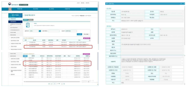 식품의약품안전처 의료기기안전국 온라인 화면으로 세운메디칼의 의료기기 제품정보 (좌), Barovac 제품의 품목정보 (우)