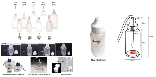 본 연구실에서 규격 사이즈를 조사한 Container 종류 (좌) 및 사용할 container의 최종 디자인 (우)