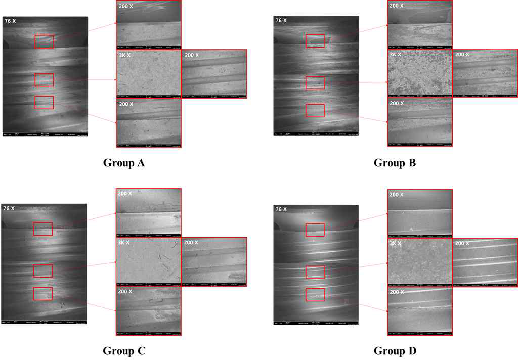 도포제 그룹별 임플란트 표면 SEM 촬영 결과
