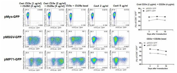 Expression of GFP on activated T cells in various conditions. Freshly isolated T cells from spleen using immunomagnetic beads were pre-activated with indicated conditions for 2 days. The ex vivo activated T cells were transduced with recombinant retroviruses encoding GFP, which were generated using pMys, pMSCV, and pMP71 vectors (pMys-GFP, pMSCV-GFP, and pMP71-GFP, respectively), followed by culturing in presence of 500U/ml IL-2. The expression of GFP on genetically modified T cells were chased for 10 days as indicated. The cells from each group were harvested and the expression of GFP analyzed by flow cytometry