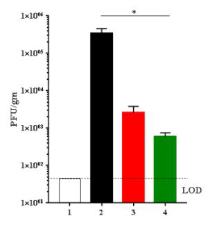 각 그룹별 mouse Lung에서 채취한 MERS-CoV titer.1; Non-treat 그룹, 2; 항원 접종없이 MERS-CoV 공격접종 그룹, 3; ESm770-His 1 ug만 어쥬번트 없이 2회 접종 그룹, 4; ESm770-His 1 ug과 Alum 어쥬번트 혼합하여 2회 접종 그룹. *p<0.05 (t-test)