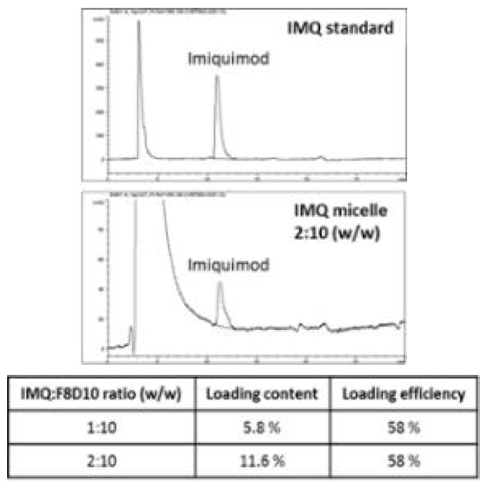 펩타이드 미셀 내 imiquimod 어쥬번트의 봉입 효율 및 함량