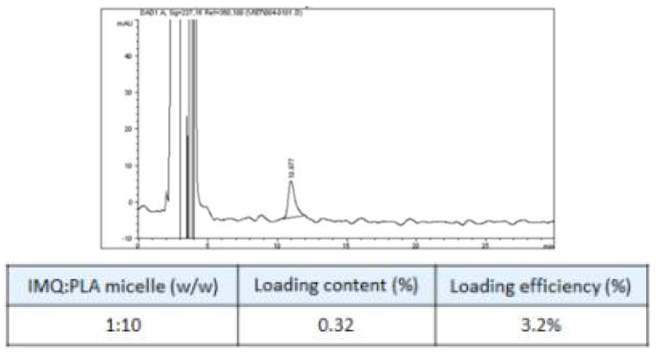 Imiquimod와 고분자 소재의 조성에 따른 미셀 내 봉입 효율 및 함량