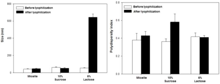 부형제 조성에 따른 동결건조 전 후 입자 크기(좌) 및 입도 분포(우)