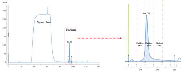 Sf9 cells에 10 MOI infection을 통해 확보한 250-ml 발현액 affinity chromatography 진행 결과