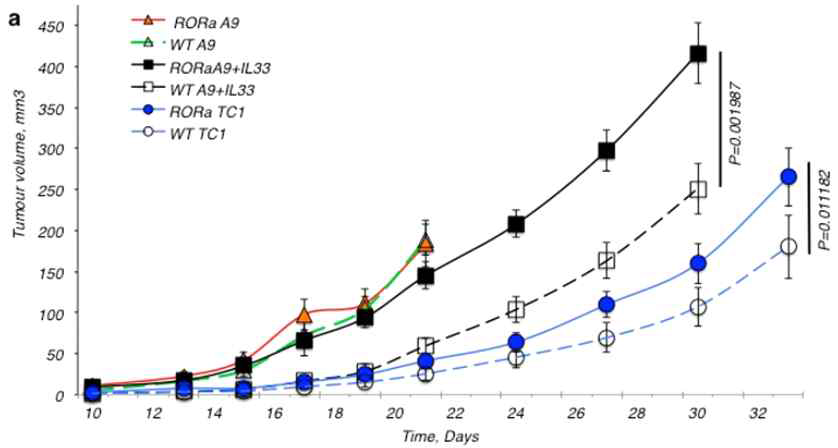 The mice lacking ILC2s (RORα−/−) were less able to limit the growth of tumours