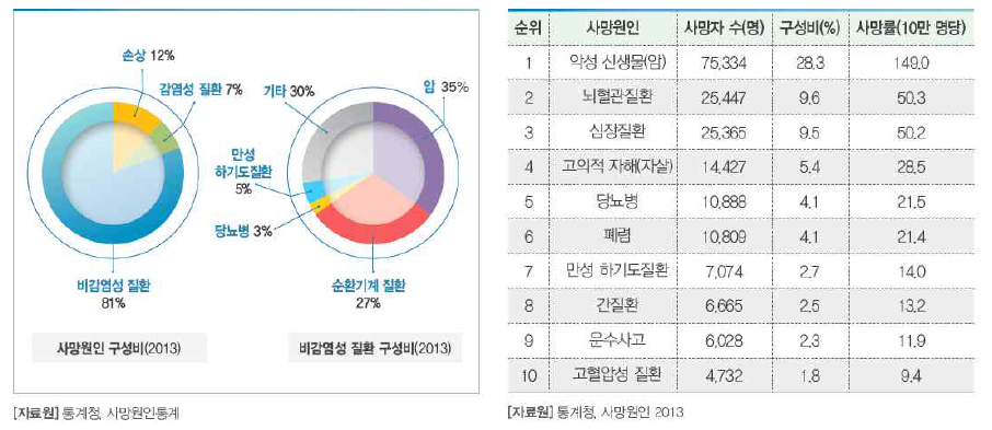 우리나라 사망원인 통계자료. 만성질환이 10대 사망원인 중 7개 차지