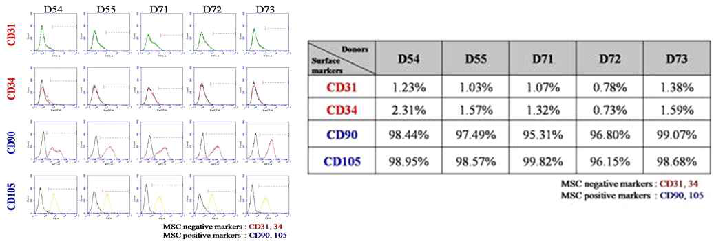 공여된 지방줄기세포의 CD 표면마커 분석