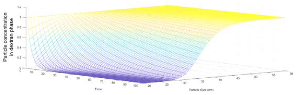 Aqueous Interface Filter (AIF)를 이용한 입자 분리 시뮬레이션. dextran phase 내부에 초기(t=0)에 농도 1의 입자가 있을 때 시간이 지남에 따라 40 nm 이하의 입자는 경계면을 통과해서 농도가 줄어들지만 40 nm 이상의 입자는 그대로 잔류하고 있는 것을 확인할 수 있음