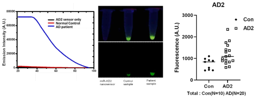 나노센서-HRM 기법을 사용한 AD2 마커의 탐지. 환자 plasma 시료에서 추출한 RNA가 추가되었을 경우 형광의 증가가 일어남