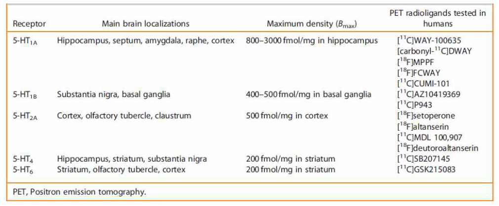 인체에 적용된 세로토닌 PET 분자영상 탐침자의 대표적인 예