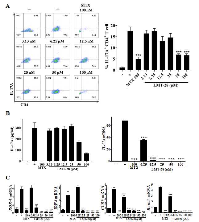 LMT-28에 의한 T helper 17 세포의 분화 억제. 인체시료인 PBMC를 사용하여 사람 naive CD4+ T cell을 분리하여 Th17 세포 분화 배지로 분화 시킬 때, LMT-28을 100 ~ 3.13 μ M의 농도별로 처리하여 Th17 세포의 분화억제효과를 확인하였음. Th17 세포수 감소와 싸이토카인 IL-17A의 분비, IL-17A, RORγt, IRF4, CCR6, Runx1의 mRNA 발현량 감소를 확인함