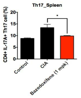콜라젠 유도 관절염모델에서 1차 면역화 후 5주째에 마우스의 spleen과 lymph node를 분리하여 보조 T 17 세포 (T helper 17 cell)를 측정하였음. Bazedoxifene 1 mg/kg 용량군의 spleen 에서 Th17 세포가 유의하게 감소함을 확인하였음