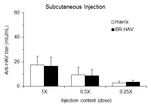 HavrixTM, BR-HAV 백신 피하주사 투여군의 anti-HAV IgG 항체 분석