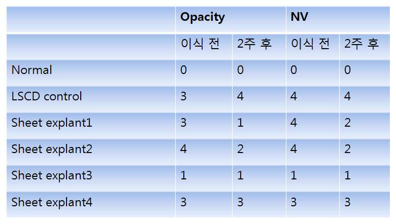 각막상피세포시트 이식 후 2주 동안 FK506 투여한 가토의 Opacity와 NV 정도