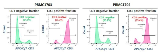 두 명의 정상인 혈액으로부터 분리된 PBMC에서 CD3 발현세포를 분리하고 분리 효율을 FACS 분석으로 확인