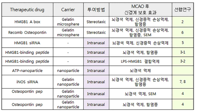 본 연구자가 연구수행 전 보고한 비강투여 약물의 뇌졸중 후 신경