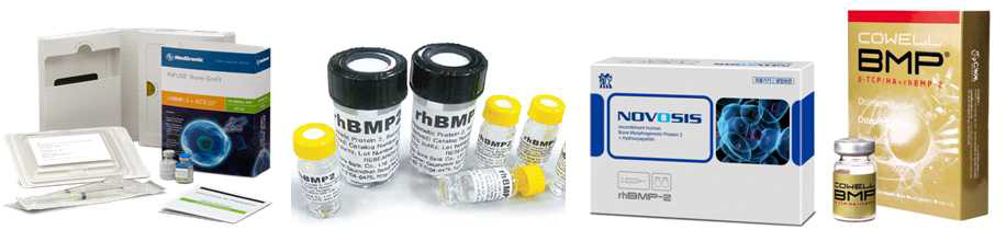 rhBMP2 관련 제품 – Infuse Bone Graft (Medtronics社), 라퓨젠BMP (셀루메디社), NOVOSIS (대웅제약社), COWELL BMP (코웰메디社)