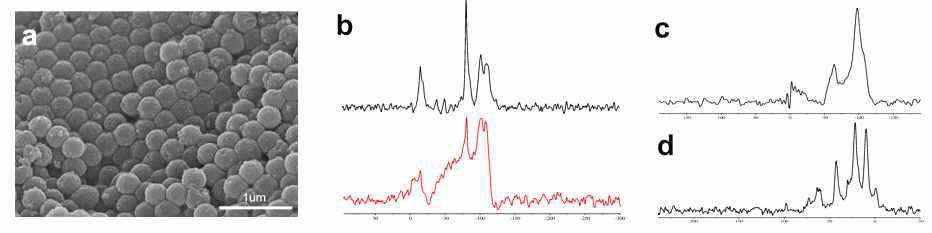 표면기능화 이후의 실리콘 나노입자 (a) SEM 이미지 TEM 이미지, (b) 표면 기능화 전후 의 29Si solid-state NMR 분석 결과, (C) 표면기능화 전 (d) 후의 13C solid-state NMR 분석 결과