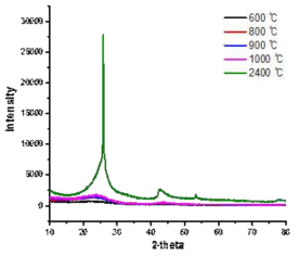 600 ℃ ~ 2400 ℃에서 탄화한 탄소나노입자의 XRD 그래프