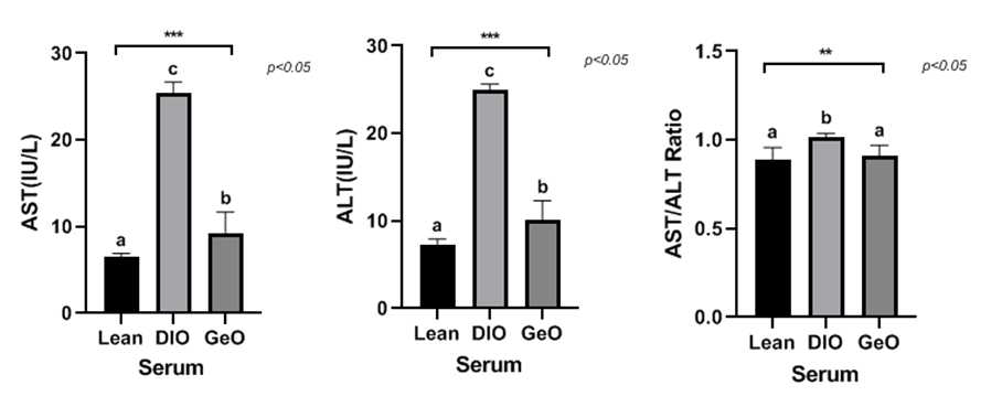 Plasma AST & ALT as biomarker of liver toxicity in Lean, DIO & GeO groups