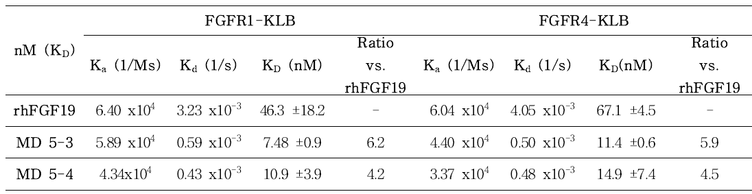 MD 5-3과 MD 5-4 후보물질에 대한 FGF 수용체 결합력 상수 요약