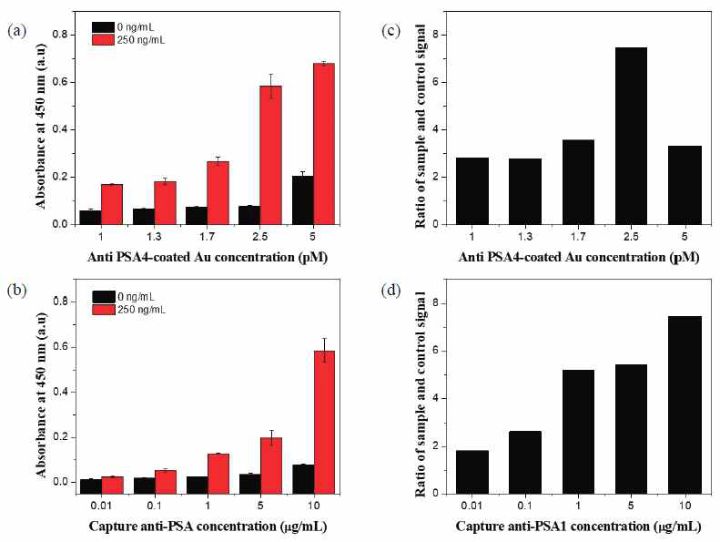 (a) Anti-PSA4 항체가 접합된 금나노 입자의 농도에 따른 450nm 에서의 흡광도 세기, (b) Anti-PSA1 항체가 접합된 금나노 입자의 농도에 따른 450nm 에서의 흡광도 세기, (c) PSA 유무에 따른 ELISA 기질의 흡광도 비율, (d) PSA 유무에 따른 ELISA 기질의 흡광도 비율