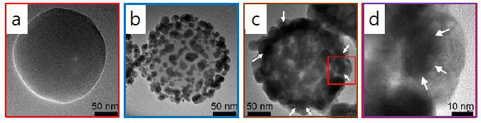 Silver nano gap-shell의 제작 과정 중 중간 단계 생성물 및 최종 생성물 들의 TEM 이미지. (a) 실리카 나노입자 (b) AgNO3가 도입된 실리카 나노입자 © 라만 물질 및 AgNO3 도입을 통해 완성된 Silver nano gap-shell (d) 완성된 Silver nano gap-shell의 나노갭 구조