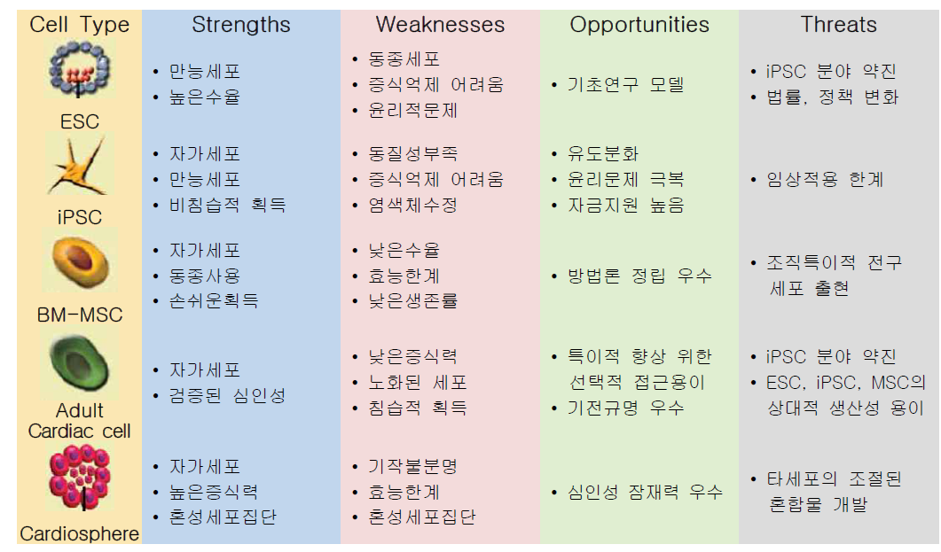 심혈관질환 치료 위한 세포별 SWOT 분석