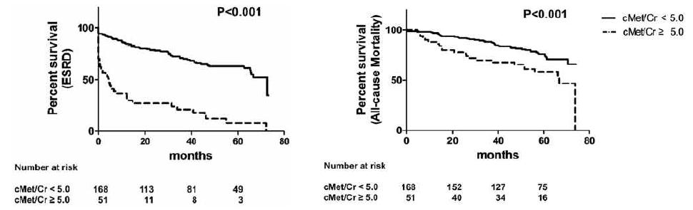 소변 cMet 농도에 따른 말기신부전 및 사망에 대한 생존곡선