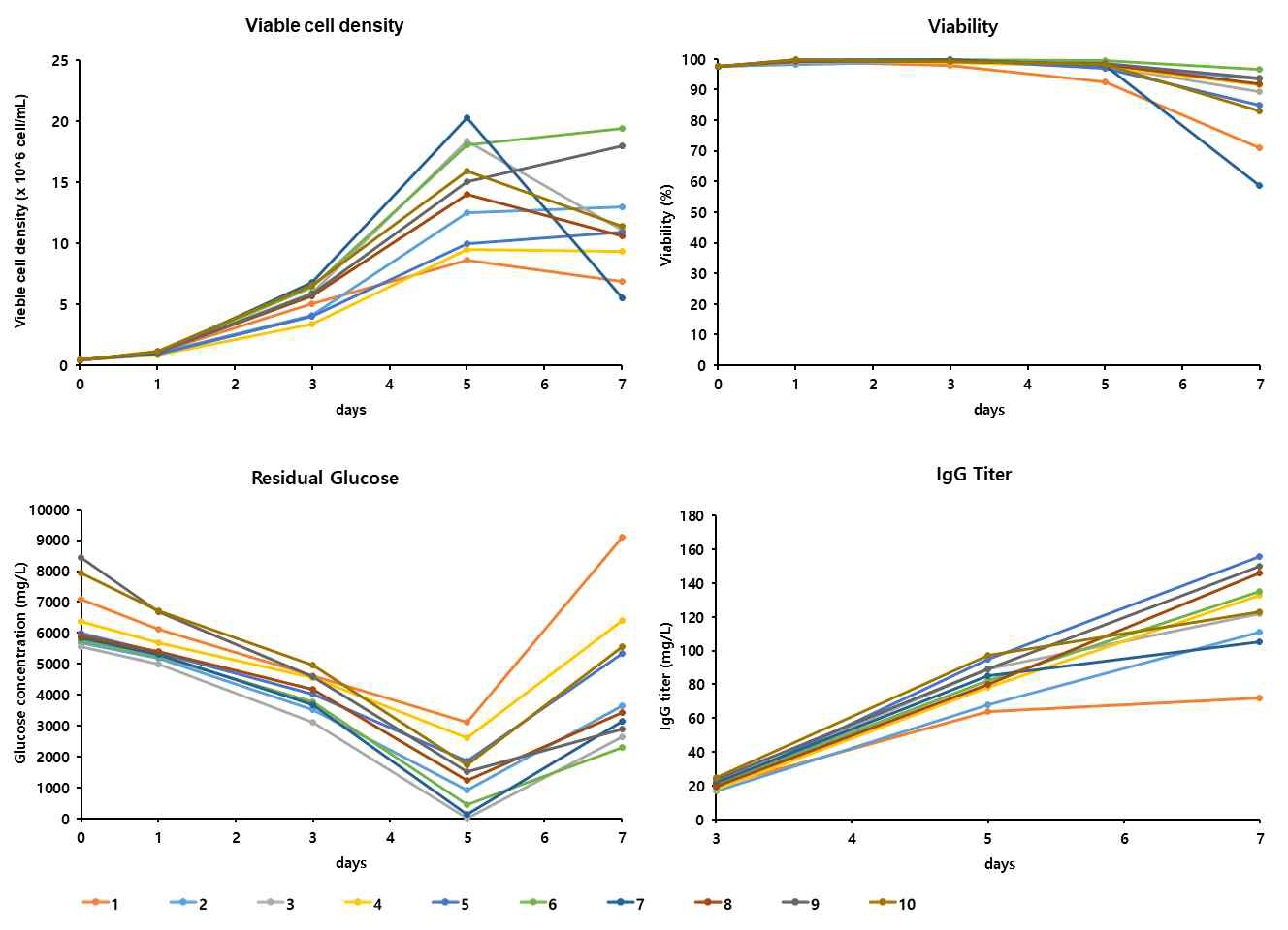 Flask에서 생산세포주 배양 시 세포 성장, 생존도, glucose 소비 정도 및 항체 생산성 분석 결과