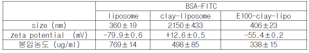 BSA-FITC 봉입 리포좀의 코팅에 따른 전달체 크기 및 봉입 농도
