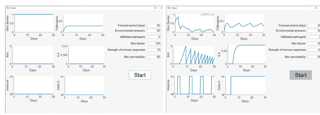 소프트웨어의 실행 장면으로 우측 상자들에 Forcast period(days), Environmental stressors, Infiltrated pathogens, Skin Barrier, Strength of immune responses, Skin permeability를 입력하고 Start 버튼을 클릭하여 실행함. 결과 값으로는 Skin Barrier, Pathogens, Itch(scratch) IL4, Immune Response, Gata-3 반응을 확인할 수 있음. 그림 27은 건강한 상태의 피부와 면역 상태의 조건에서 시뮬레이션한 결과. 30일 간의 예측 기간을 두고 보아도 피부 상태가 건강한 상태로 유지됨을 좌측 상단 Skin Barrier 상자를 통해 확인 가능. 반면 그림 28은 약한 피부 초기 상태와 병원균의 높은 피부투과율, 약한 면역반응의 조건으로 30일 동안 피부 장벽이 많이 손상된 것을 예측 할수 있음. 프로그램 오른쪽 Start 버튼 위의 상자 안에 현재 상태, 예측 기간을 입력하여 결과를 확인. 아토피피부염 예측프로그램을 통해 환자의 상태를 수치화하여 입력함으로 환자 개개인에 맞출 수 있고 예측기간 또한 설정할 수 있어 진단 및 처방 시 도움이 될 것으로 기대됨