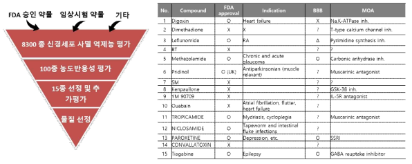약물 스크리닝 flowchart 및 선정된 15종 목록