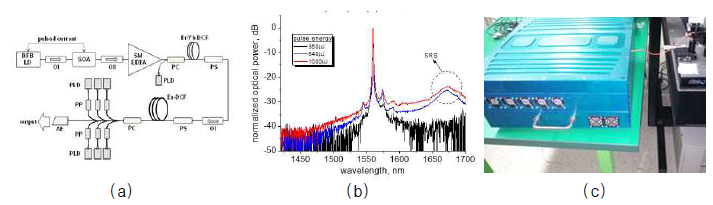 (a) 1560 nm 펄스 레이저의 구조 (b) 레이저의 출력 스펙트럼 (c) 제작된 레이저 모습