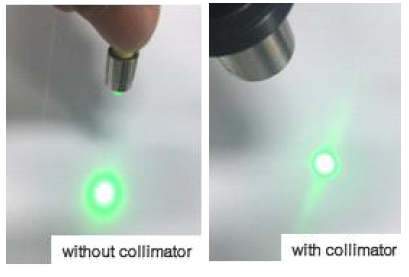 (위) 광커플링으로 연결된 광섬유 끝단에서 나오는 레이저빔과 대직경 콜리메이터에서 나오는 레이저 빔 비교