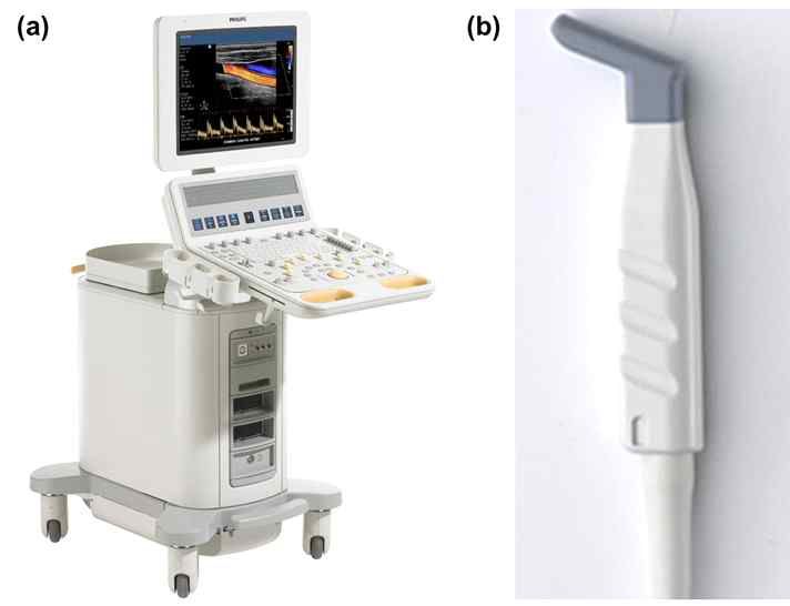사용된 (a)초음파 검사 장비와 (b)변환기
