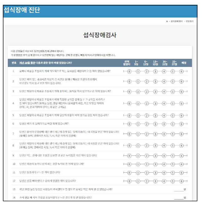 정밀평가 2단계: 섭식장애검사(EDE-Q) 화면 예시