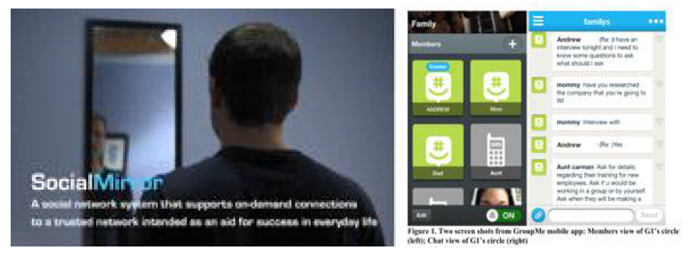 SocialMirror (좌): 용모 관리 및 일정 관리를 도와주는 스마트 거울 시스템. GroupMe (우): 주보호자 및 친구, 친지, 교사로부터 질문에 대한 실시간 피드백을 얻을 수 있는 소셜 미디어