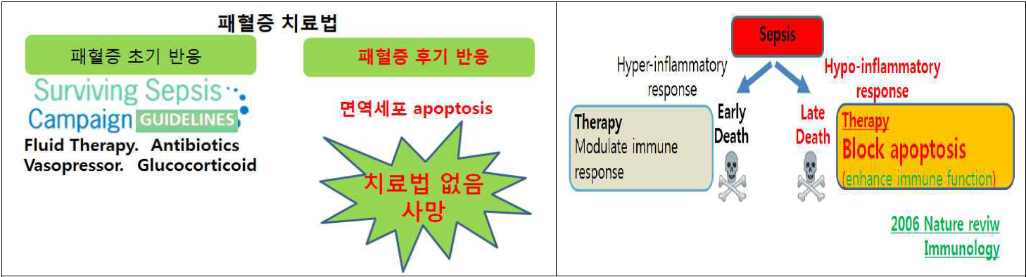 패혈증 후기 hypo-inflammatory response 에 대한 치료법 없음. : 치료법은 T cell의 apoptosis 차단