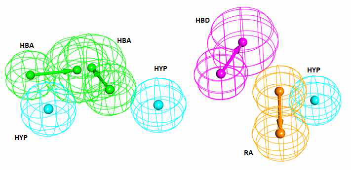 데이터베이스 스크리닝을 위한 최종 파마코포어 모델 (Green: hydrogen bond acceptor (HBA), Purple: hydrogen bond donor (HBD), Cyan: Hydrophobic (HYP), Orange: Ring aromatic (RA))