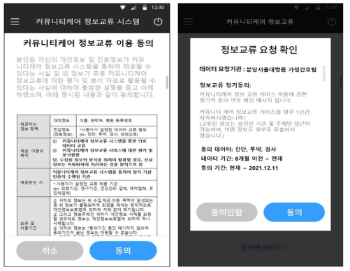 커뮤니티케어 정보교류 時, 초기동의 화면(좌), 정기적 동의 화면 (우)
