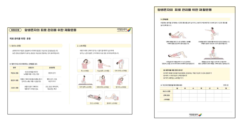 환자 교육자료 예시: 암생존자의 피로 관리를 위한 재활운동 (가로형, 세로형)